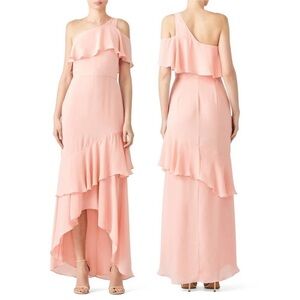 Parker Blush Pink Sharon One Shoulder Chiffon Asymmetrical Hem Evening Gown NWT